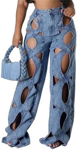 xxxiticat Women's Hollow Out Denim Pants High Waist See Through